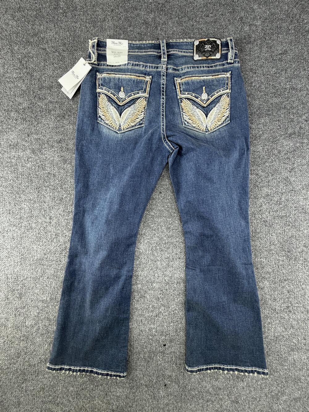 Miss Me Jeans Womens 34x30 Blue Mid Rise Bootcut Slim Fit Rhinestone Pocket